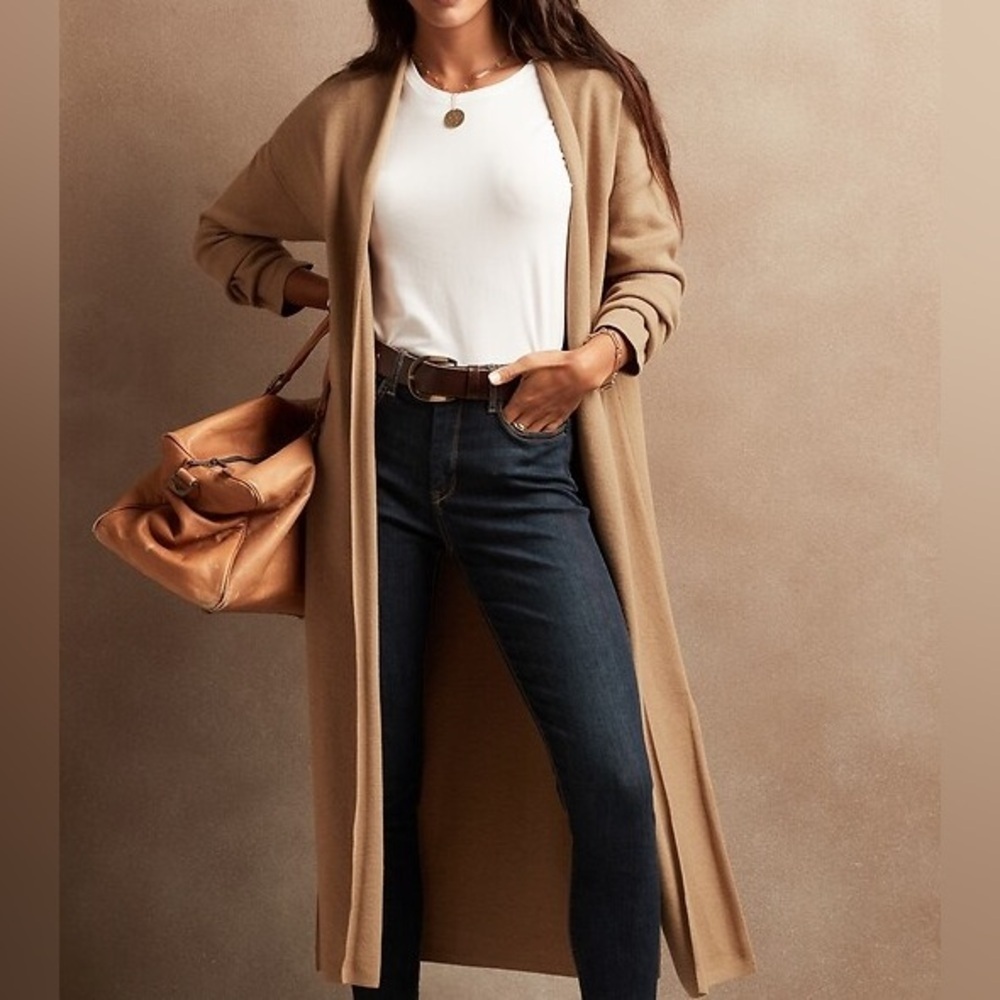 Banana Republic Light Tan EXTRA LONG RIBBED DUSTER Knit Cardigan Rayon Nylon